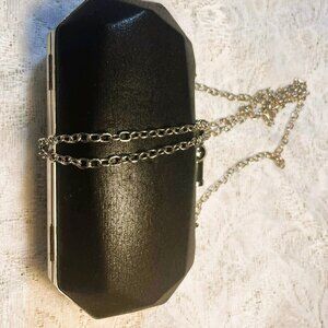 La Chateau Vintage Black Cylindrical Clutch, Silver Chain, 9×19 cm